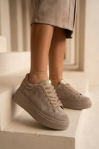 Women's Premium Khaki Suede Platform Trainers with Rhinestone Accent