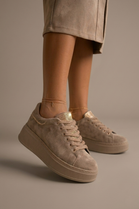 Women's Premium Khaki Suede Platform Trainers with Rhinestone Accent