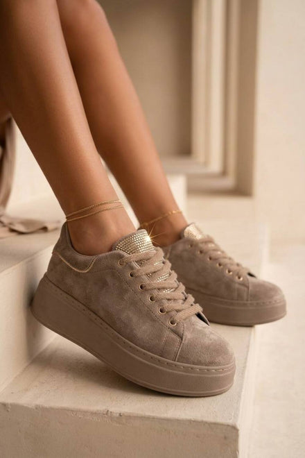 Women's Premium Khaki Suede Platform Trainers with Rhinestone Accent