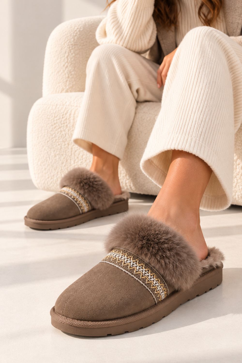 Faux Fur Trim Mule Slippers in Taupe | Wholesale