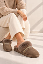 Faux Fur Trim Mule Slippers in Taupe | Wholesale