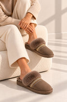 Faux Fur Trim Mule Slippers in Taupe | Wholesale