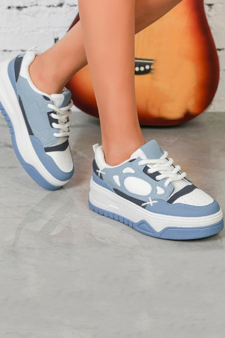 BLUE LACE UP SIDE DETAIL STYLISH CHUNKY FLAT TRAINERS