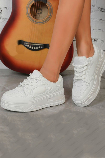 WHITE LACE UP SIDE DETAIL STYLISH CHUNKY FLAT TRAINERS