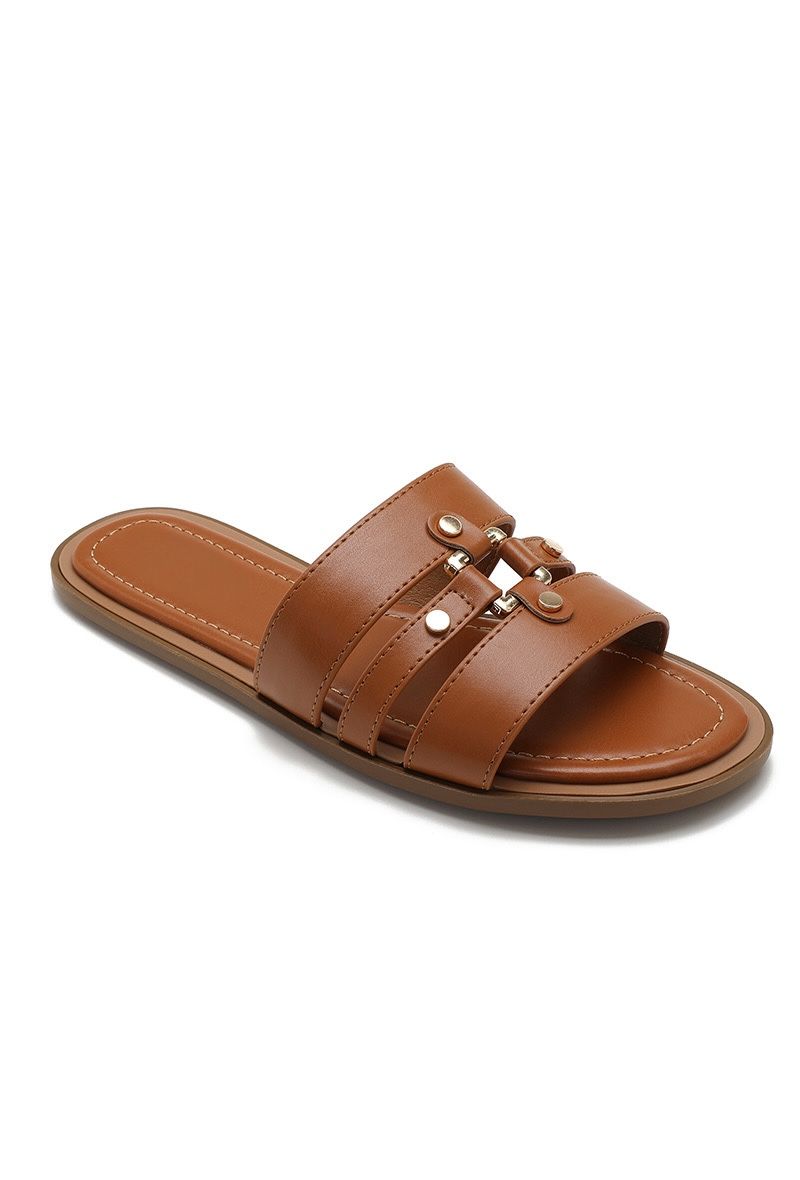 CAMEL FLAT FAUX LEATHER STUDDED WESTERN SLIDERS