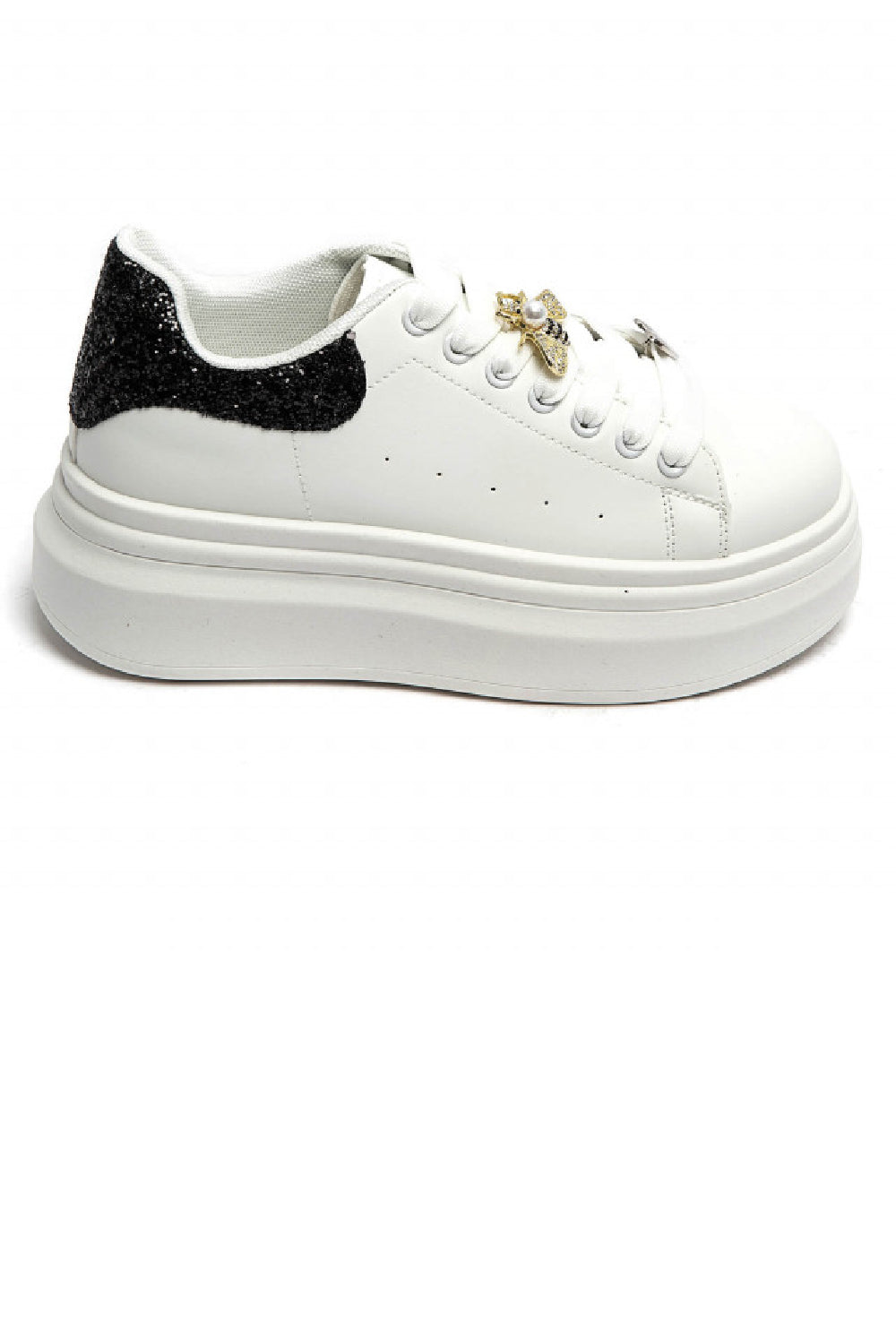 Women’s Black Glitter Tab Platform Trainers with Gold Bee Charm & Heart Lace Detail