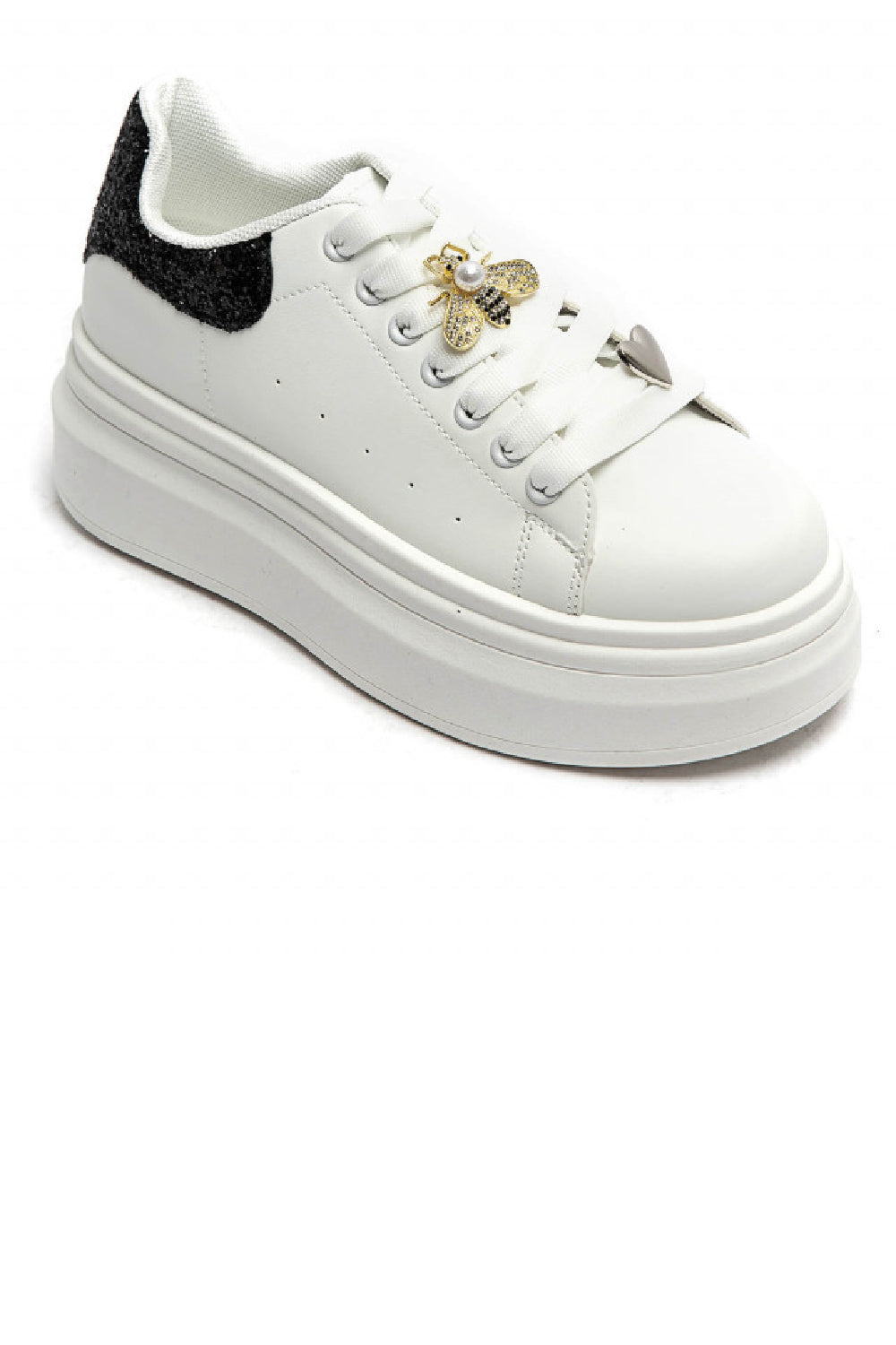 Women’s Black Glitter Tab Platform Trainers with Gold Bee Charm & Heart Lace Detail