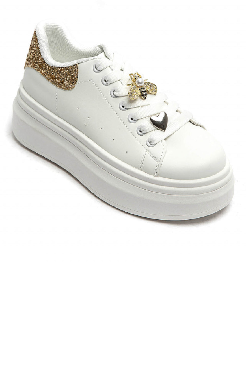 Women’s Gold Glitter Tab Platform Trainers with Gold Bee Charm & Heart Lace Detail