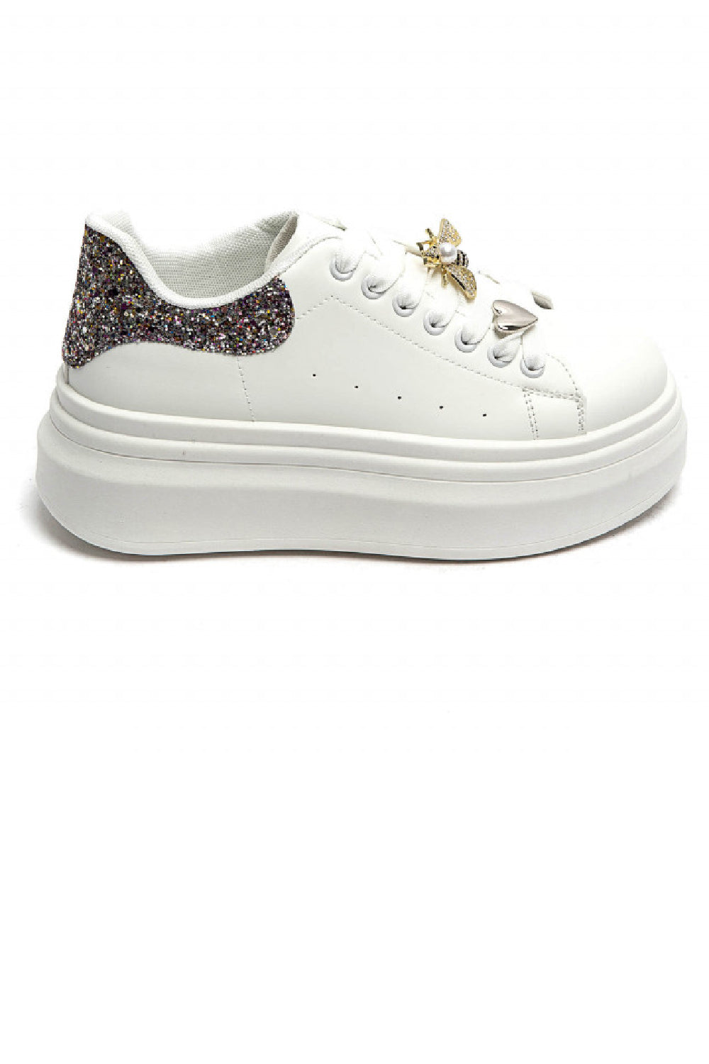 Women’s Multi Colour Glitter Tab Platform Trainers with Gold Bee Charm & Heart Lace Detail