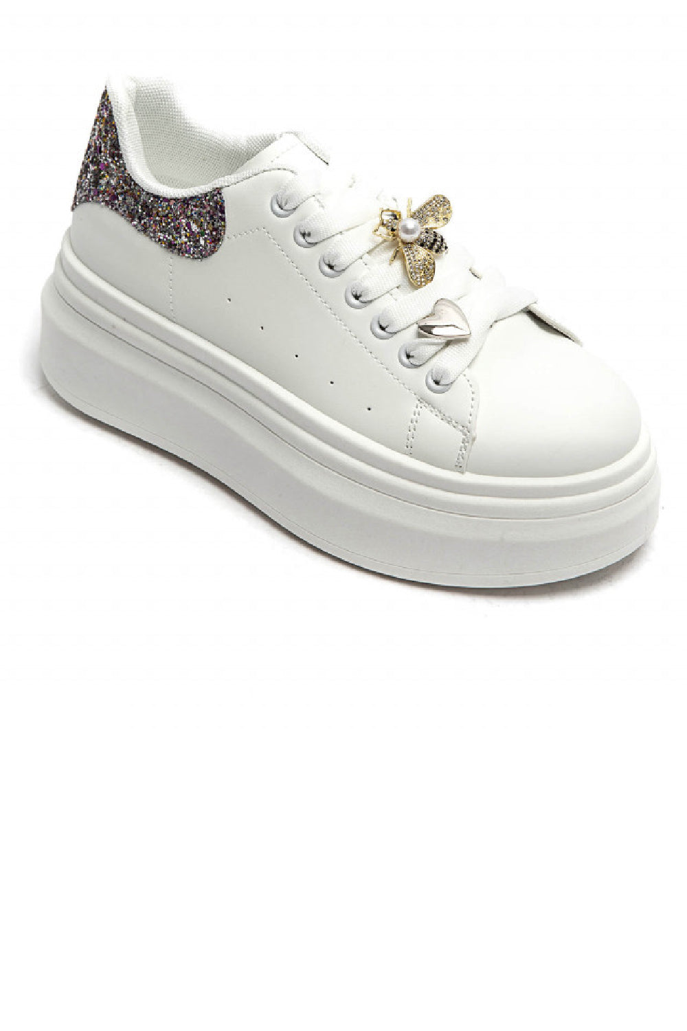 Women’s Multi Colour Glitter Tab Platform Trainers with Gold Bee Charm & Heart Lace Detail