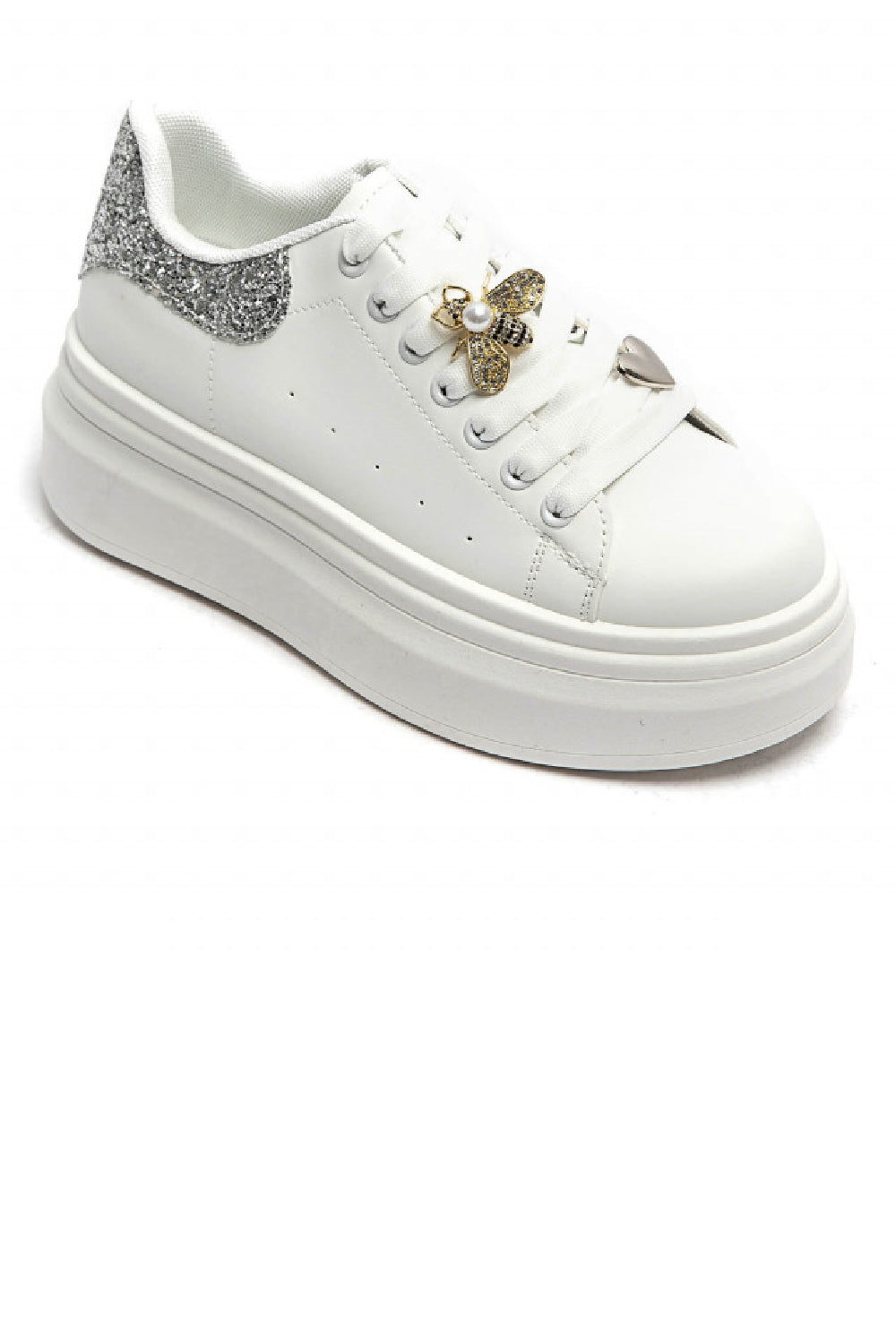 Women’s Silver Glitter Tab Platform Trainers with Gold Bee Charm & Heart Lace Detail
