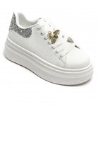 Women’s Silver Glitter Tab Platform Trainers with Gold Bee Charm & Heart Lace Detail