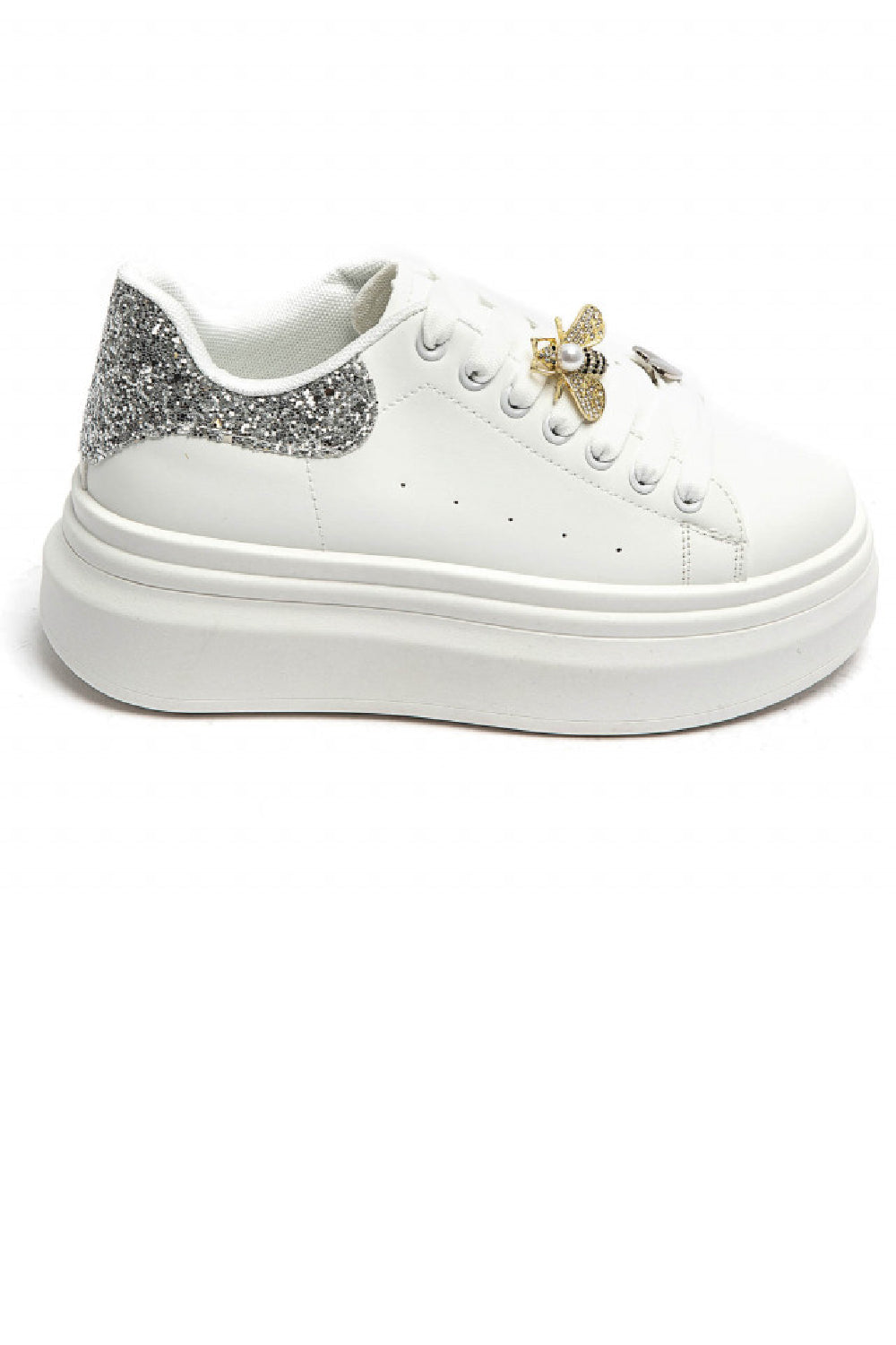 Women’s Silver Glitter Tab Platform Trainers with Gold Bee Charm & Heart Lace Detail
