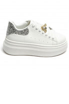 Women’s Silver Glitter Tab Platform Trainers with Gold Bee Charm & Heart Lace Detail