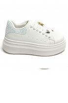 Women’s White Glitter Tab Platform Trainers with Gold Bee Charm & Heart Lace Detail