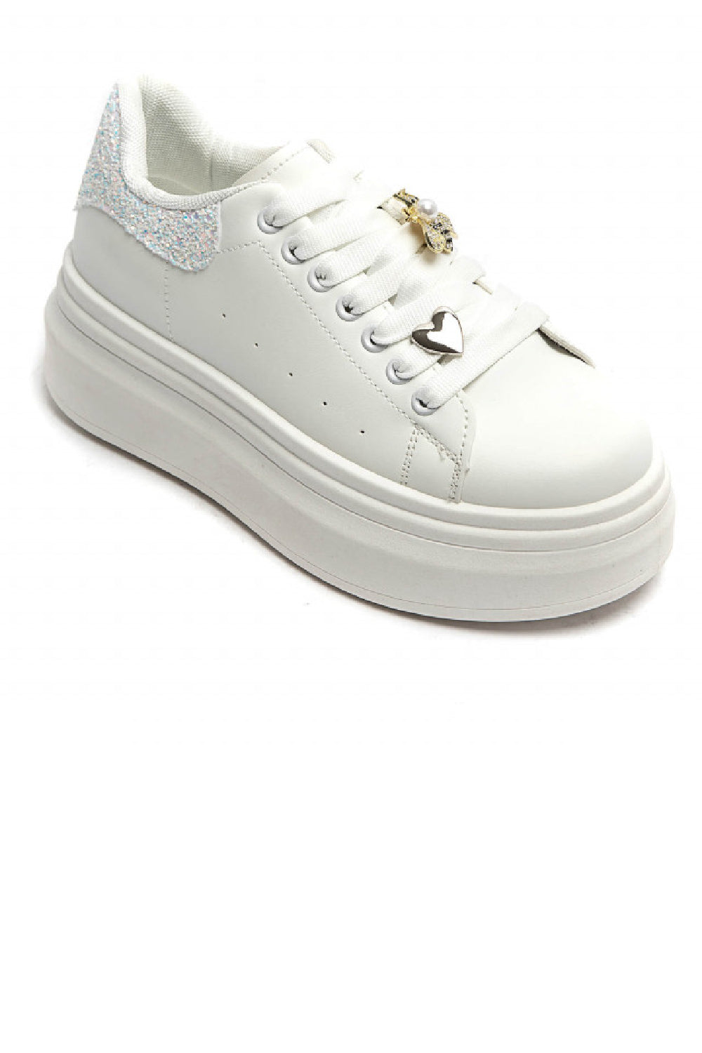 Women’s White Glitter Tab Platform Trainers with Gold Bee Charm & Heart Lace Detail