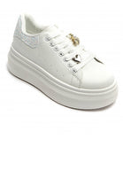 Women’s White Glitter Tab Platform Trainers with Gold Bee Charm & Heart Lace Detail