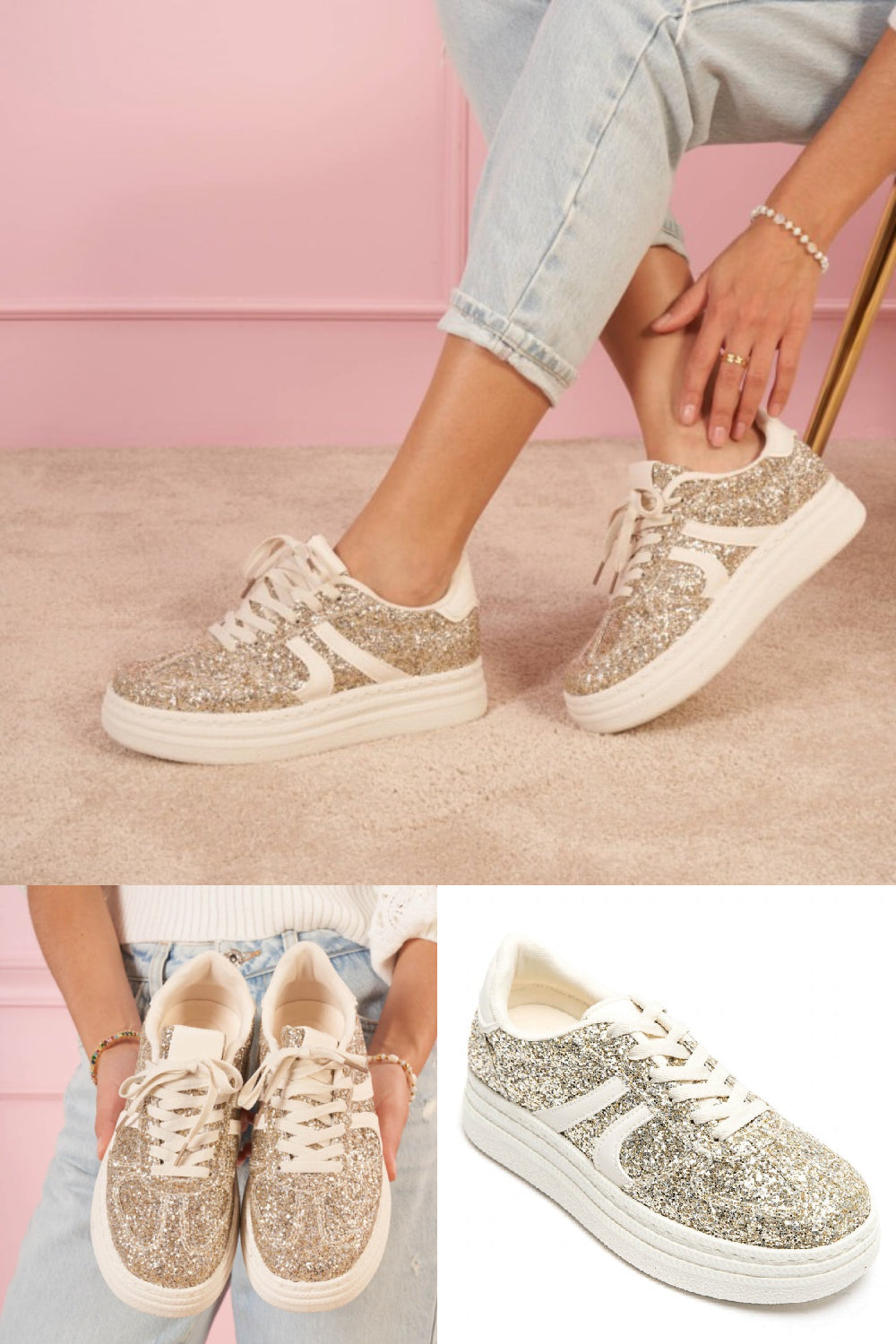 GOLD GLITTER SPARKLY LACE UP DESIGNER TRAINERS