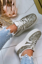 GOLD GLITTER SPARKLY LACE UP DESIGNER TRAINERS