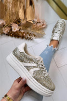 GOLD GLITTER SPARKLY LACE UP DESIGNER TRAINERS