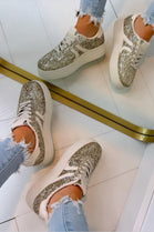 GOLD GLITTER SPARKLY LACE UP DESIGNER TRAINERS