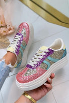 MULTI COLOUR GLITTER SPARKLY LACE UP DESIGNER TRAINERS