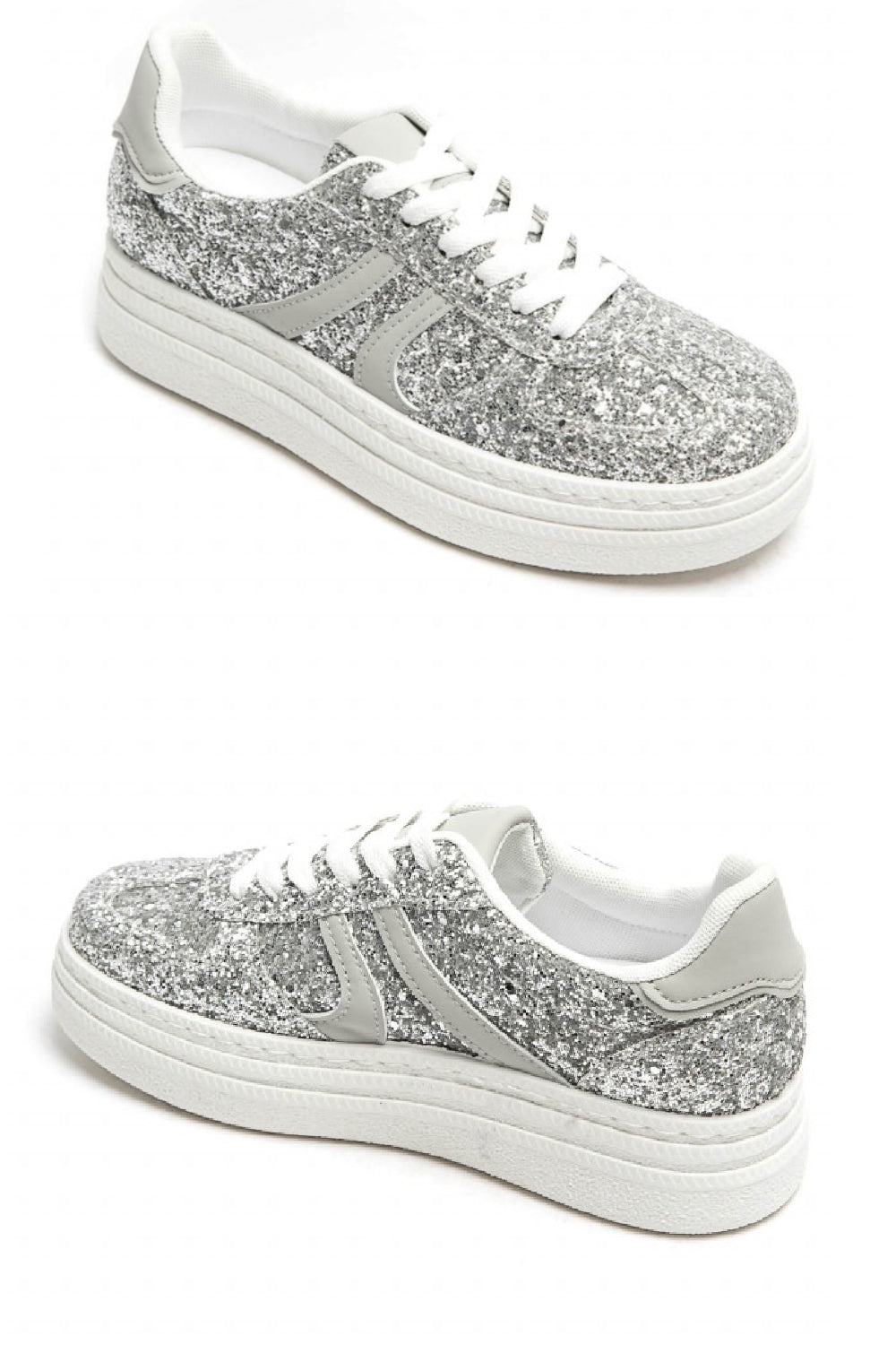 SILVER GLITTER SPARKLY LACE UP DESIGNER TRAINERS