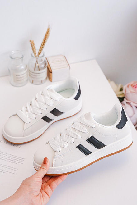 WHITE BLACK SIDE DETAIL LACE UP LADIES GIRLS SNEAKERS TRAINERS
