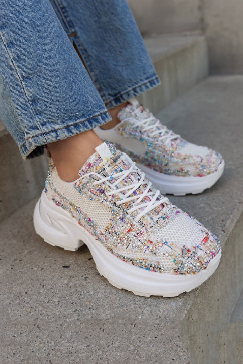MULTI COLOUR SPARKLY LACE UP CHUNKY STYLISH TRAINERS