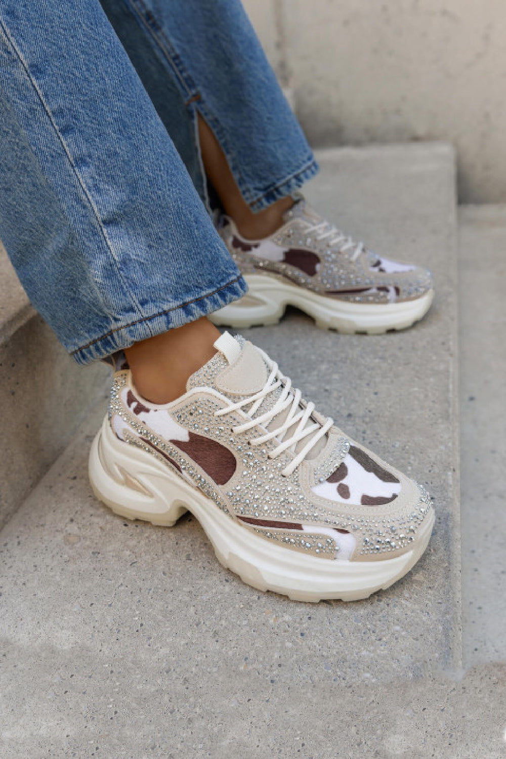 BROWN WHITE MIX COLOUR SPARKLY LACE UP CHUNKY STYLISH TRAINERS