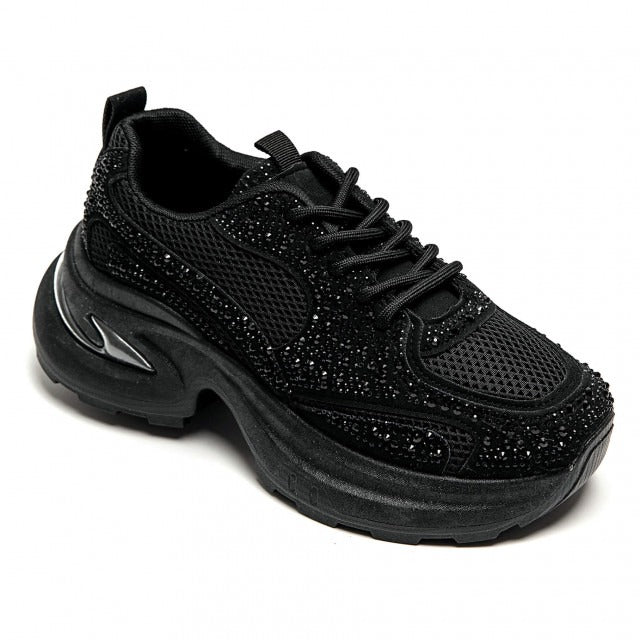 BLACK RHINESTONE DETAIL CHUNKY LACE UP SNEAKERS TRAINERS