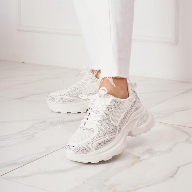 WHITE RHINESTONE DETAIL CHUNKY LACE UP SNEAKERS TRAINERS