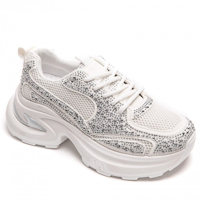 WHITE RHINESTONE DETAIL CHUNKY LACE UP SNEAKERS TRAINERS