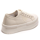 BEIGE CHUNKY LACE UP FLAT DESIGNER CANVAS SNEAKERS TRAINERS