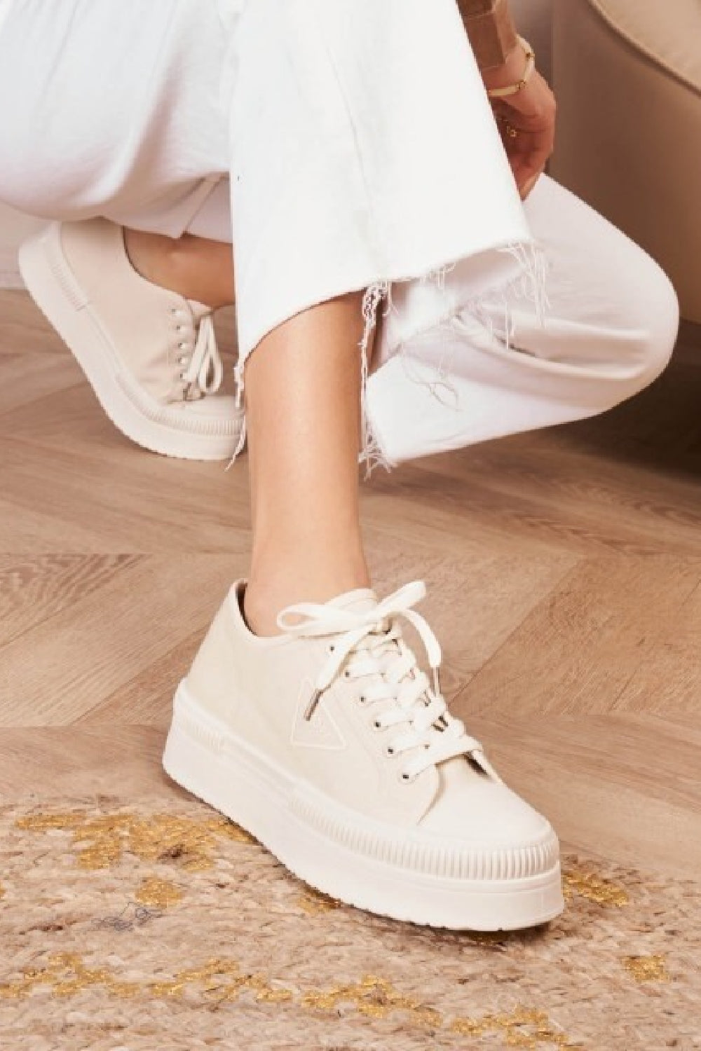 BEIGE CHUNKY LACE UP FLAT DESIGNER CANVAS SNEAKERS TRAINERS