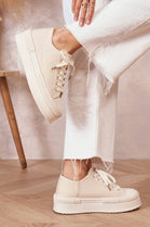 BEIGE CHUNKY LACE UP FLAT DESIGNER CANVAS SNEAKERS TRAINERS