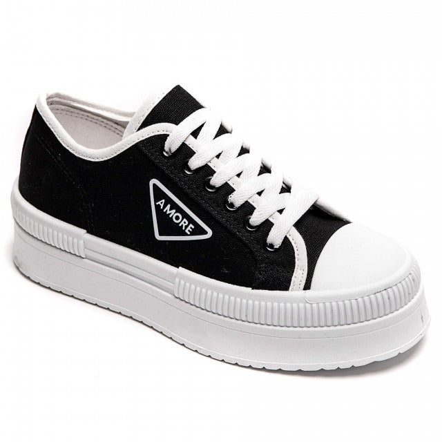 BLACK CHUNKY LACE UP FLAT DESIGNER CANVAS SNEAKERS TRAINERS