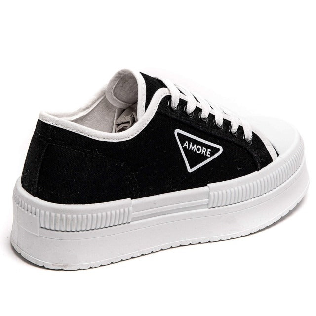 BLACK CHUNKY LACE UP FLAT DESIGNER CANVAS SNEAKERS TRAINERS