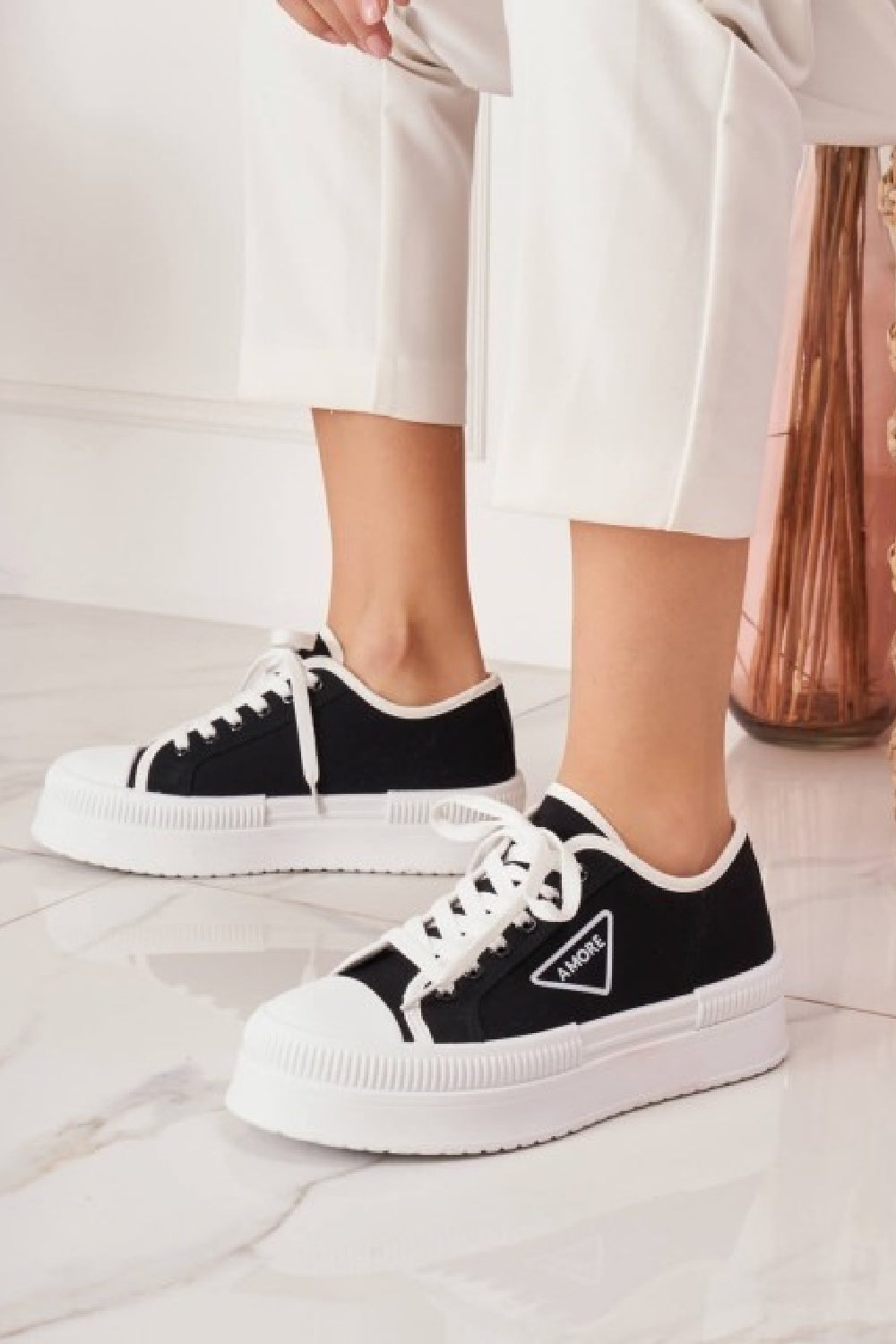 BLACK CHUNKY LACE UP FLAT DESIGNER CANVAS SNEAKERS TRAINERS