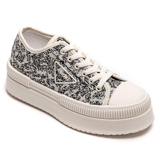 FLOWER PRINT CHUNKY LACE UP FLAT DESIGNER CANVAS SNEAKERS TRAINERS