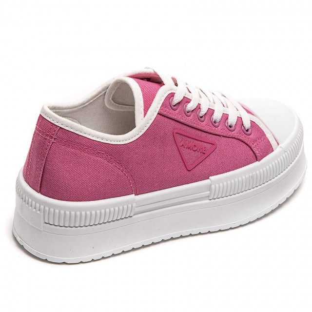 FUCHSIA CHUNKY LACE UP FLAT DESIGNER CANVAS SNEAKERS TRAINERS