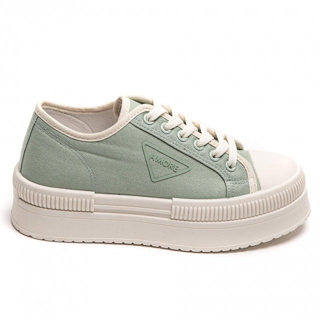 GREEN CHUNKY LACE UP FLAT DESIGNER CANVAS SNEAKERS TRAINERS