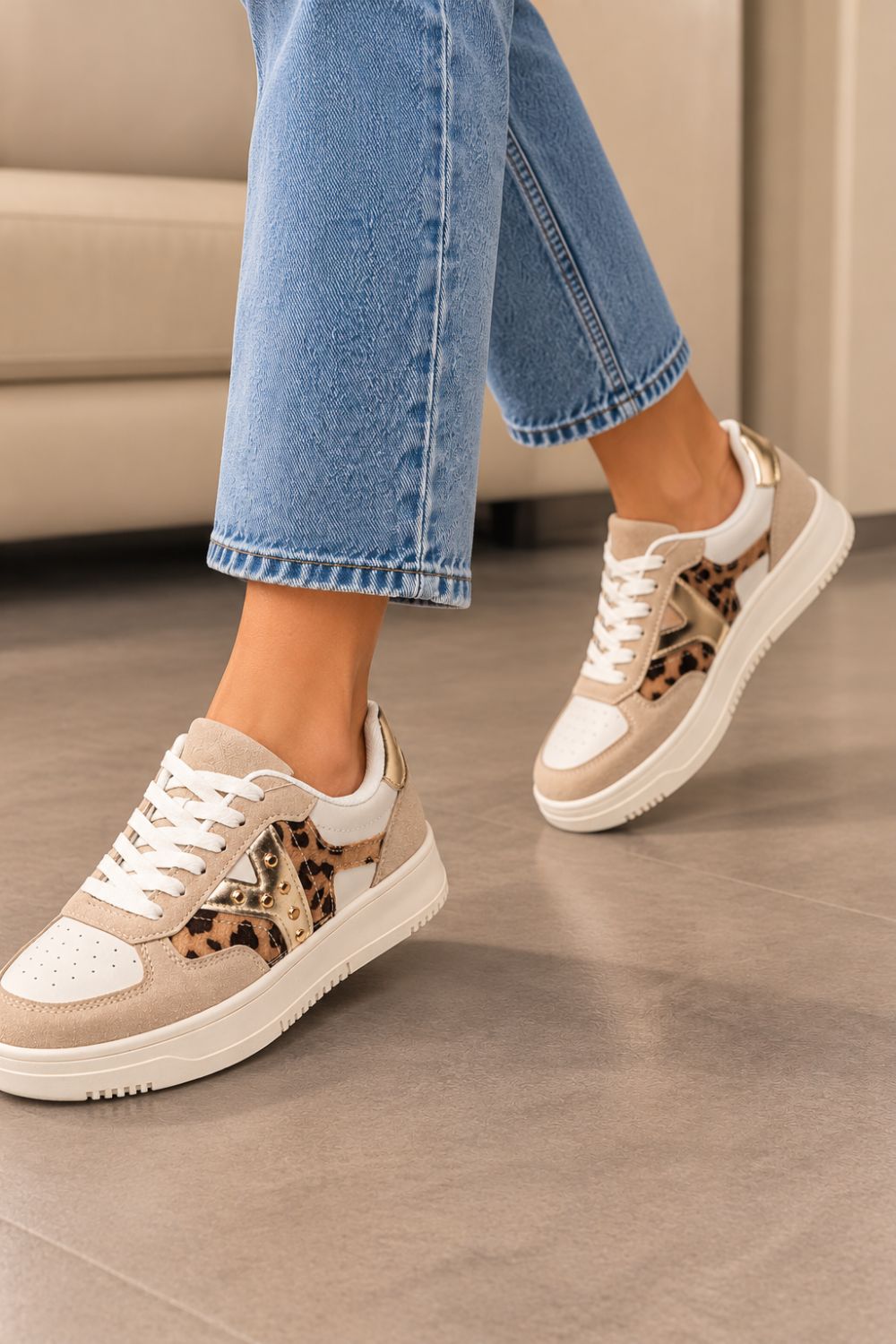 Metallic Detail Lace Up Trainers In Leopard | Wholesale