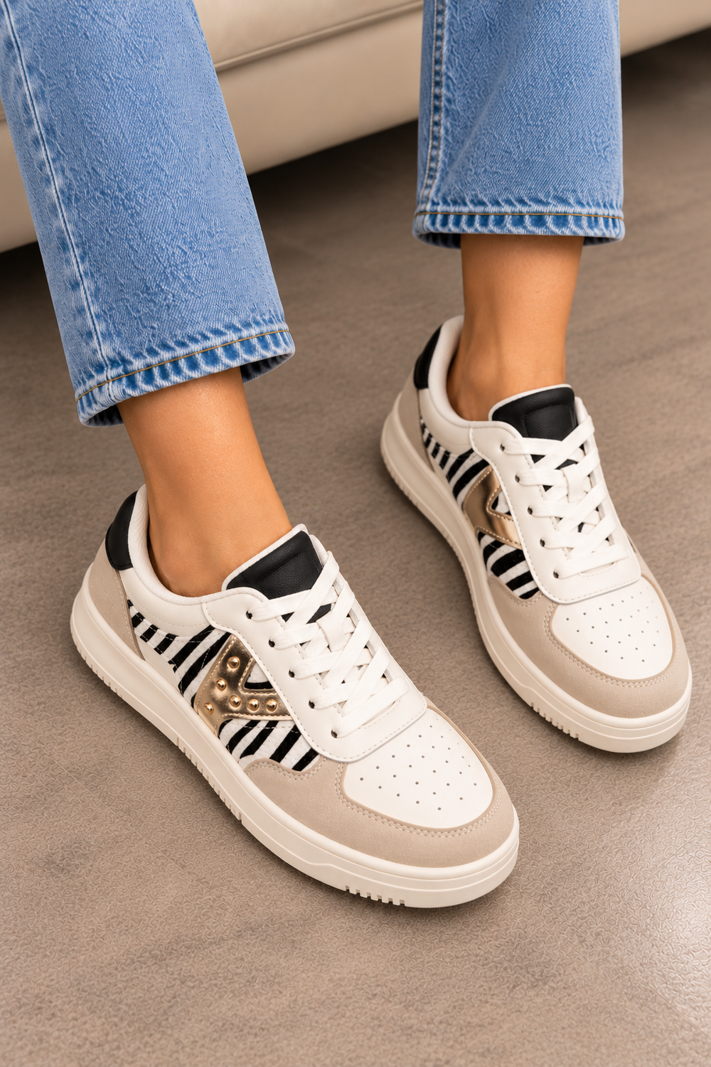 Metallic Detail Lace Up Trainers In Zebra | Wholesale