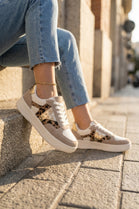 Ladies Leopard Print Metallic Panel Lace-Up Platform Trainers Sneakers
