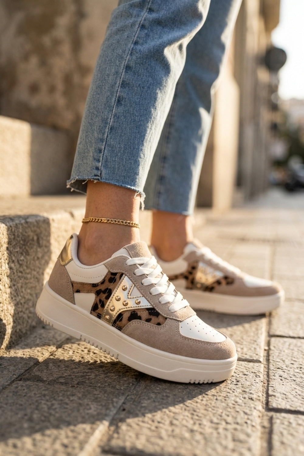Ladies Leopard Print Metallic Panel Lace-Up Platform Trainers Sneakers