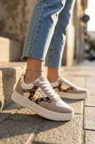 Ladies Leopard Print Metallic Panel Lace-Up Platform Trainers Sneakers