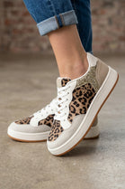 Ladies Leopard Print Glitter Panel Lace-Up Fashion Trainers