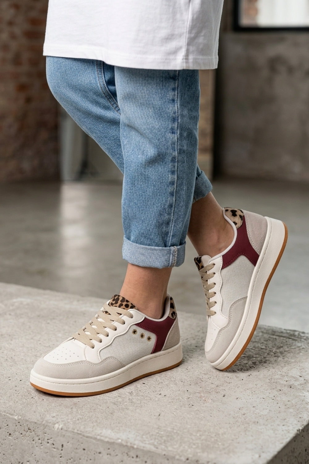 Ladies Wine and Leopard Print Panel Lace-Up Chunky Sole Fashion Trainers