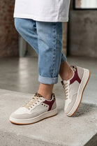 Ladies Wine and Leopard Print Panel Lace-Up Chunky Sole Fashion Trainers